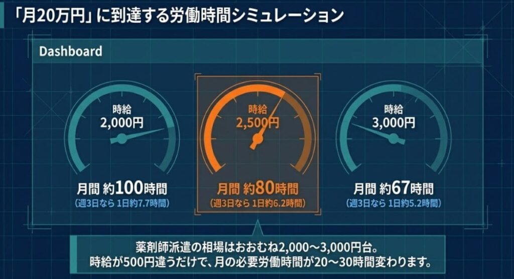 時給別・月20万円に到達する労働時間
