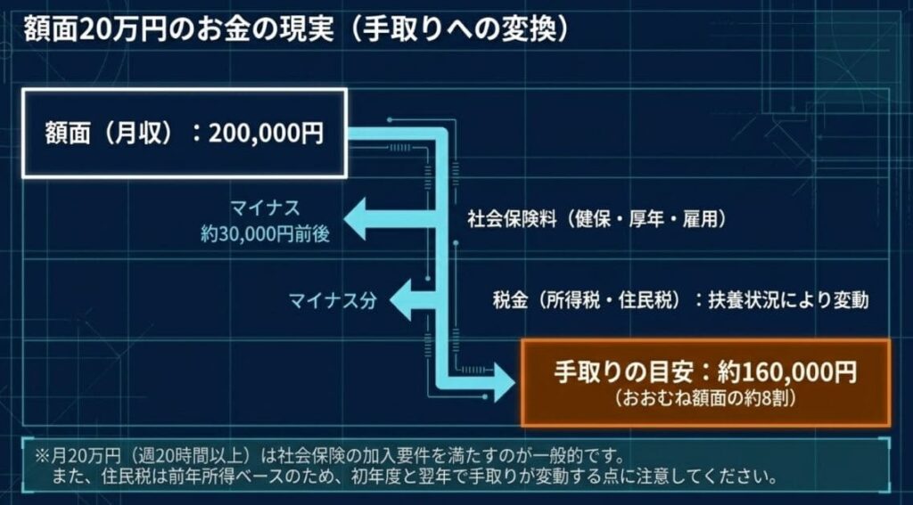 【公的ルール】月20万の場合の社会保険・扶養・手取り額