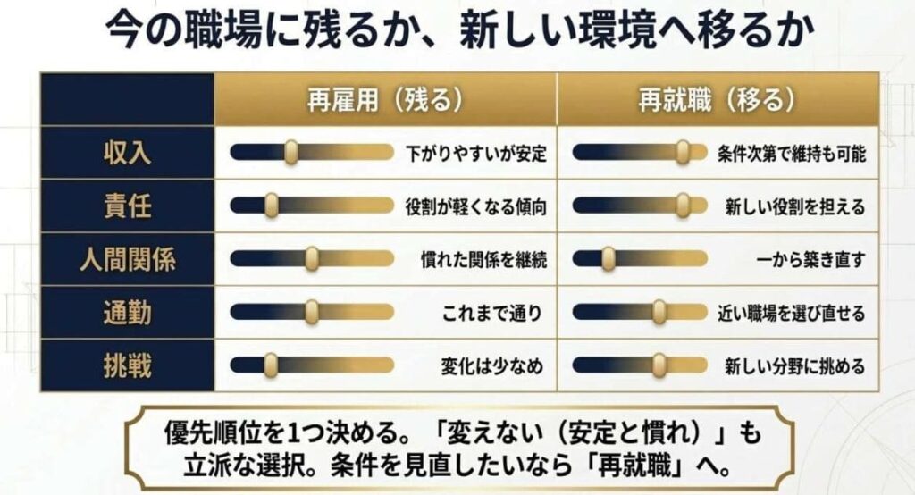 再雇用と再就職、どちらを選ぶ?5つの観点で比較