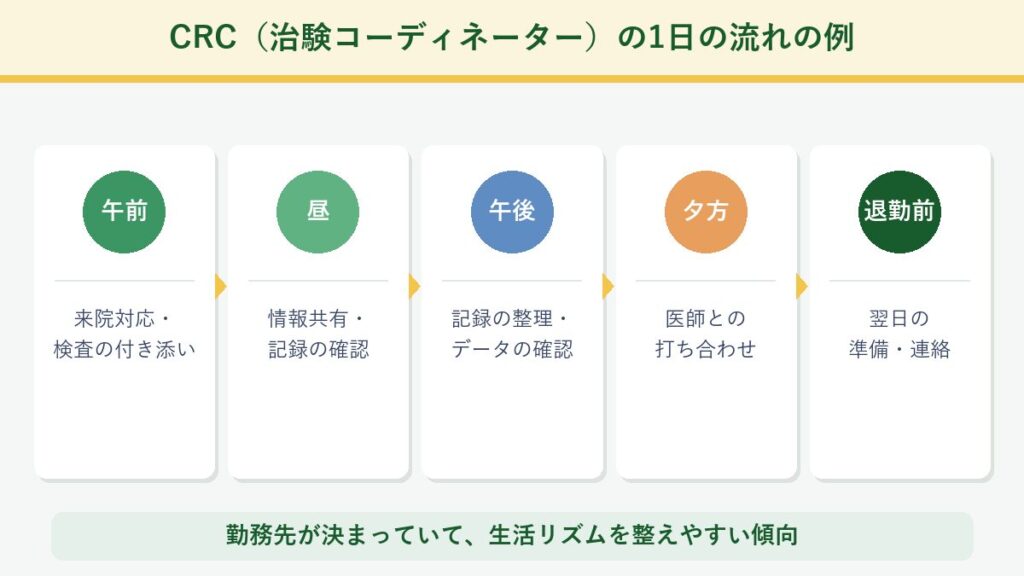 CRC(治験コーディネーター)の1日の流れの例を午前・昼・午後・夕方・退勤前のタイムラインで示した図