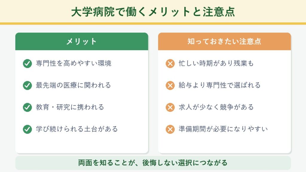 大学病院で働くメリットと知っておきたい注意点を両面で整理した図