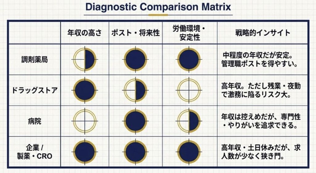 男性薬剤師が業種を選ぶ4つの視点|年収・ポスト・将来性・労働環境