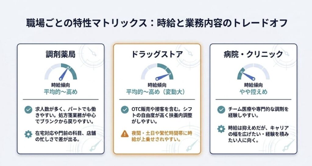 【職場別】調剤・ドラッグストア・病院で時給はどう違う?