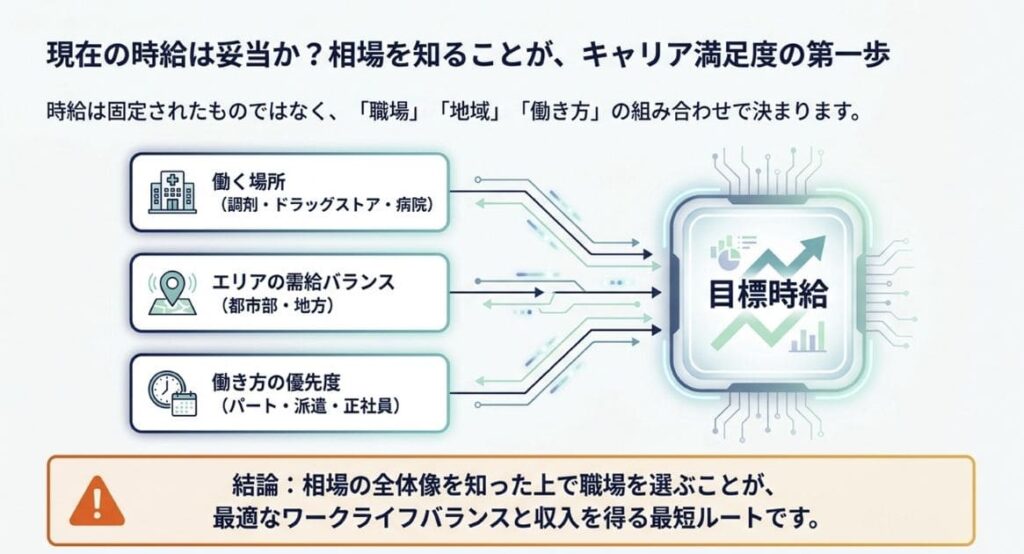 結論からお伝えすると、時給は職場・地域・働き方