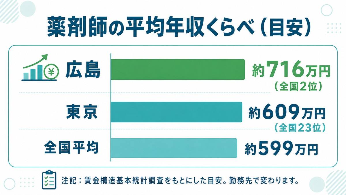 薬剤師の平均年収くらべ(広島・全国平均・東京)