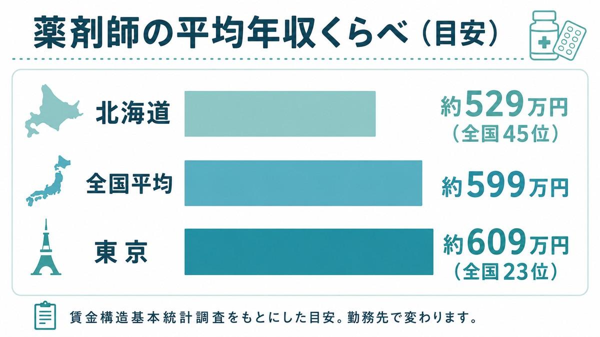 薬剤師の平均年収くらべ(北海道・全国平均・東京)
