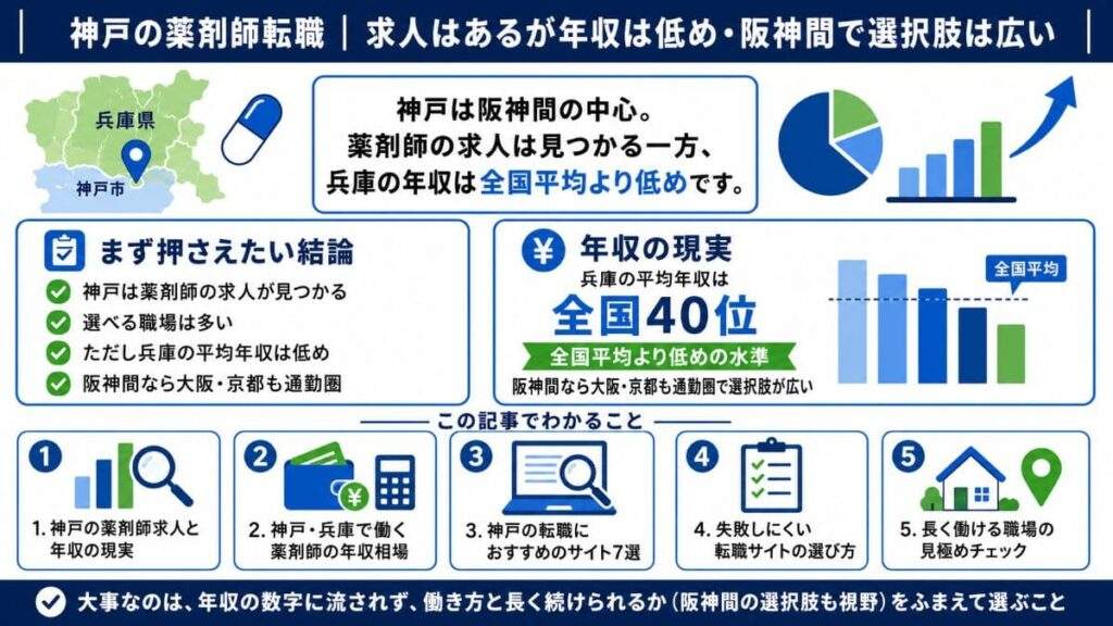 この記事では、薬剤師が神戸で転職するときの求人事情・年収相場と、神戸に強い転職サイトの選び方について解説します。