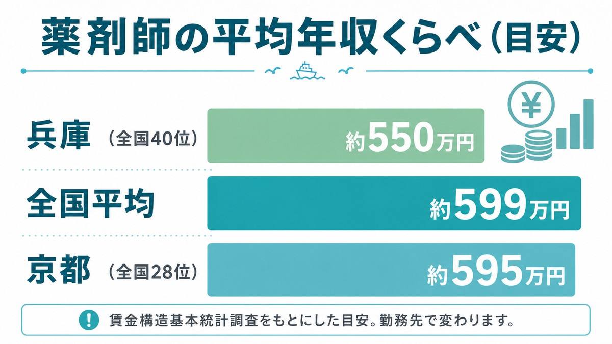 薬剤師の平均年収くらべ(兵庫・全国平均・京都)