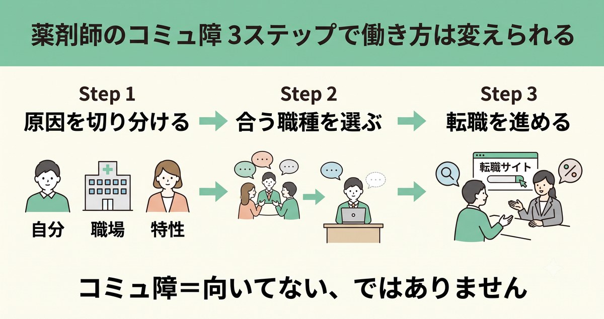 薬剤師のコミュ障を3ステップで解決する流れ(原因の切り分け→合う職種選び→転職)