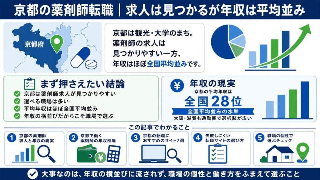 この記事では、薬剤師が京都で転職するときの求人事情・年収相場と、京都に強い転職サイトの選び方について解説します。