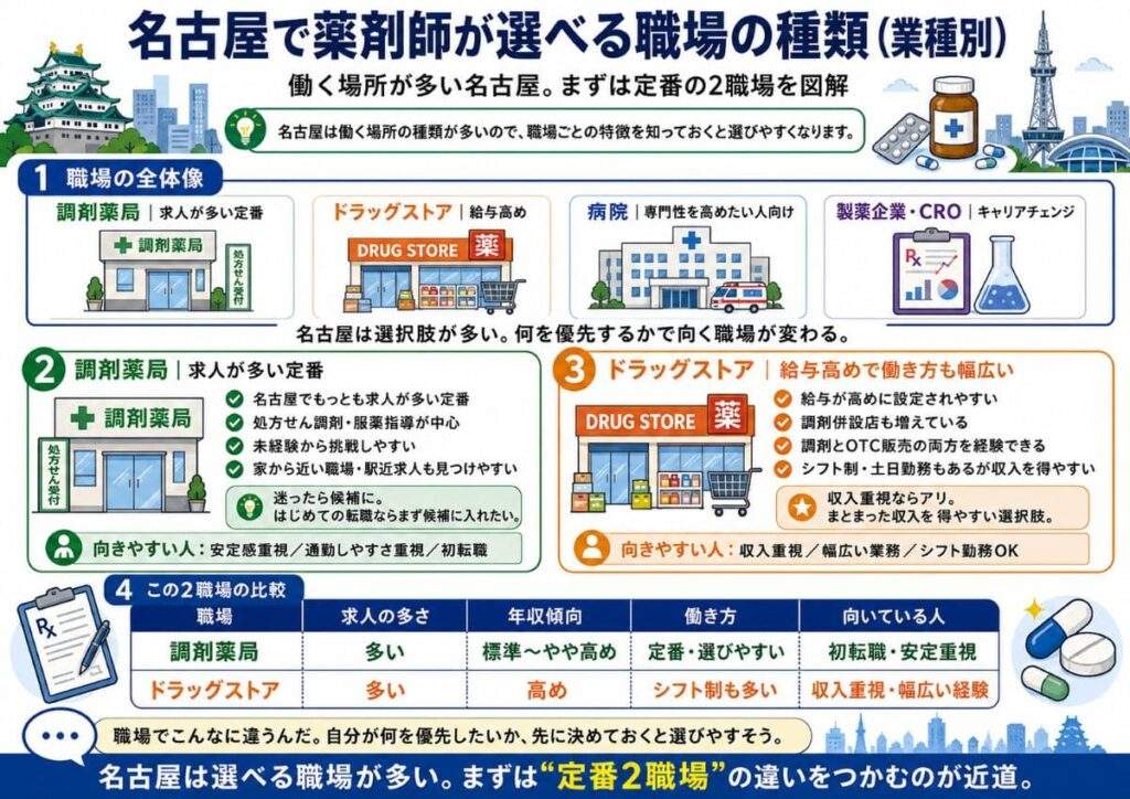 名古屋で薬剤師が選べる職場の種類(業種別)