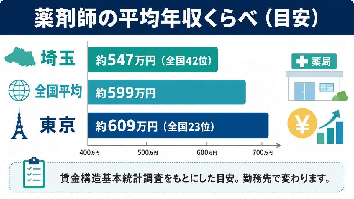 薬剤師の平均年収くらべ(埼玉・全国平均・東京)