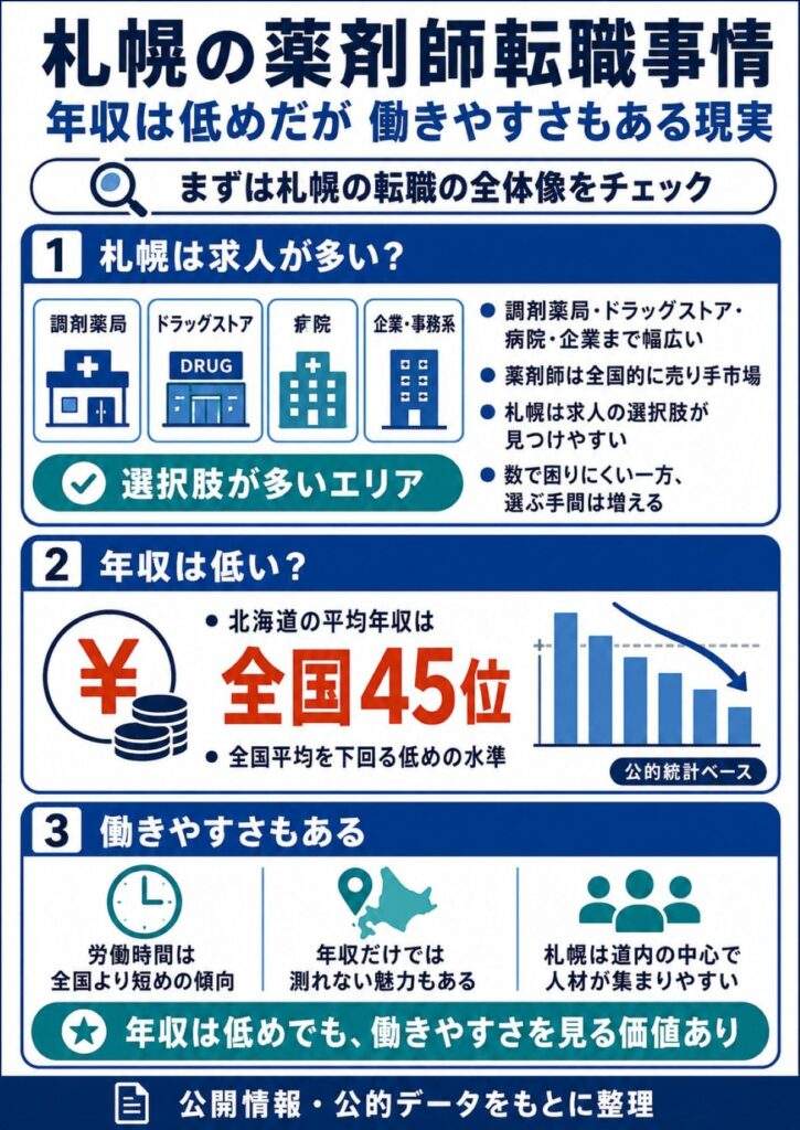 札幌の薬剤師転職事情|年収は低めだが働きやすさもある現実