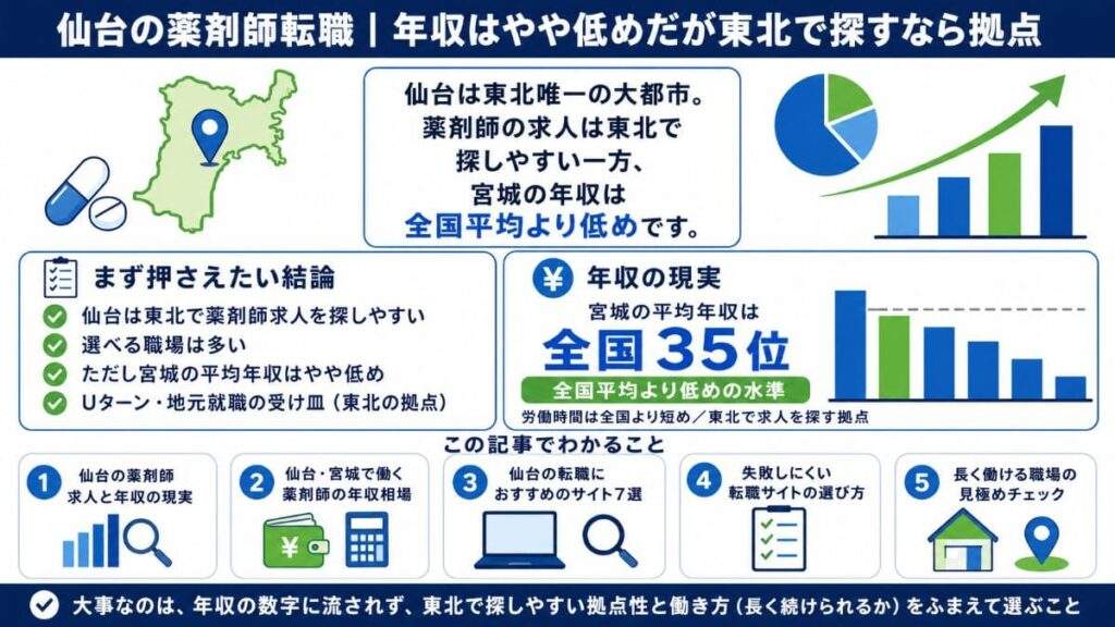 この記事では、薬剤師が仙台で転職するときの求人事情・年収相場と、仙台に強い転職サイトの選び方について解説します。