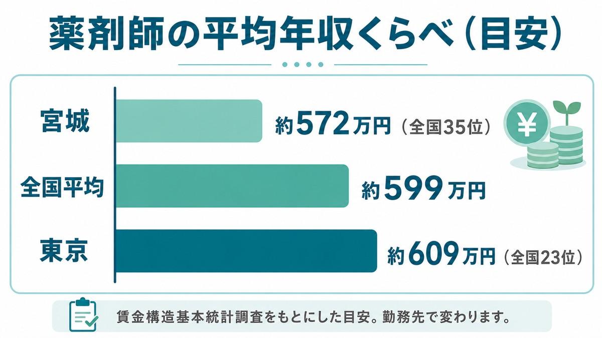 薬剤師の平均年収くらべ(宮城・全国平均・東京)