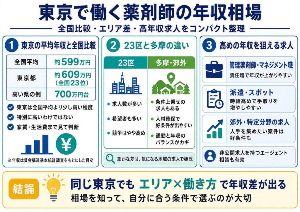 ここでは東京の薬剤師の年収相場を、全国やエリアと比べながら整理します。