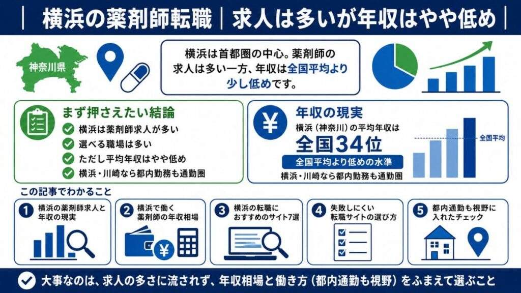 この記事では、薬剤師が横浜で転職するときの求人事情・年収相場と、横浜に強い転職サイトの選び方について解説します。