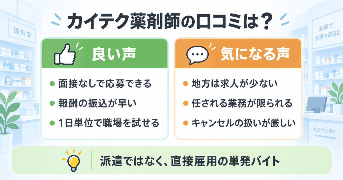 カイテク薬剤師の口コミは?良い声と気になる声、派遣ではなく直接雇用の単発バイト